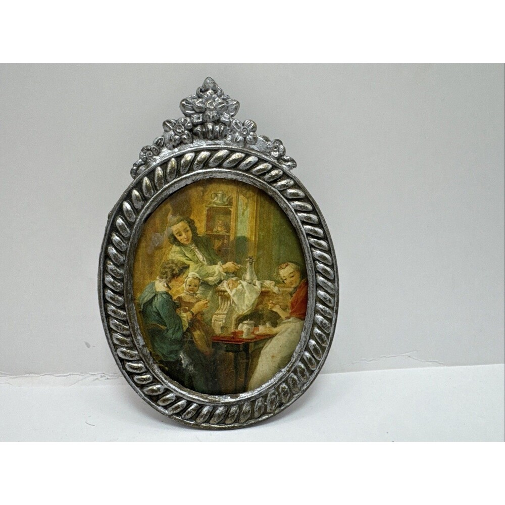 Antique style miniature bronze - gold oval picture frame ornate details W/ Photo